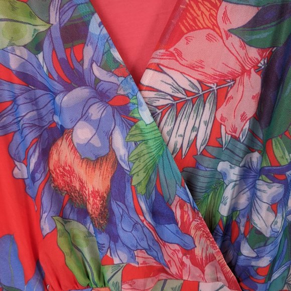 NWOT Red Floral Mesh, Fully Ruched Maxi Dress 3X - Picture 4 of 9